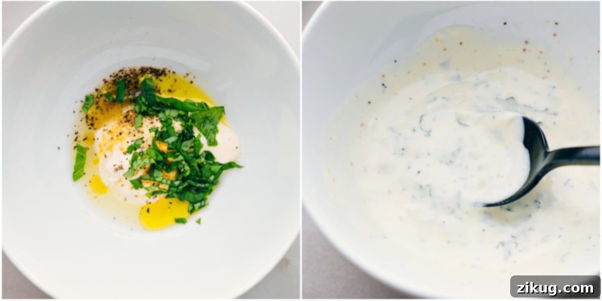 Close-up of the basil mayo mixture being whisked in a glass bowl, showcasing its creamy texture.