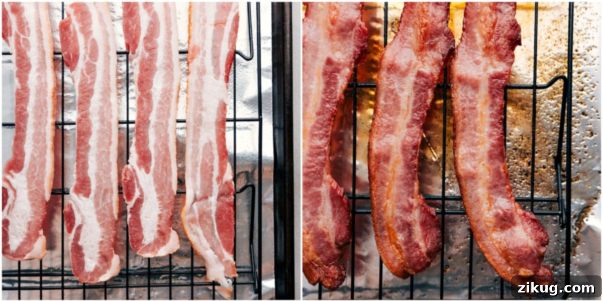 The bacon being baked in the oven for a quick clean up and perfectly crispy results.
