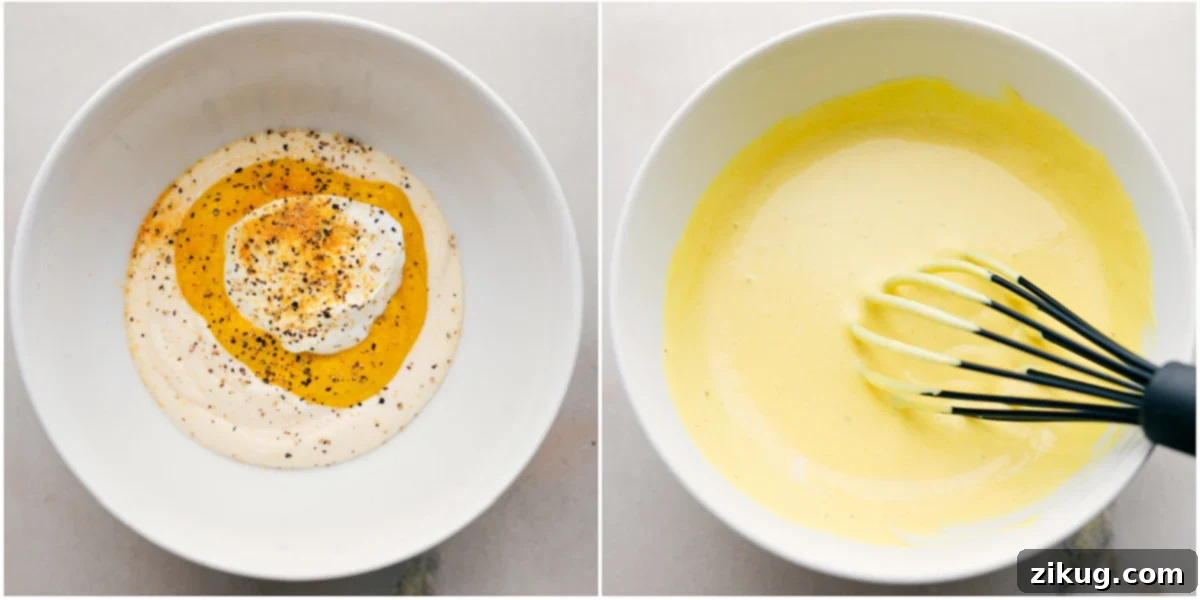 Making the delicious spread that goes on your sandwich, showing mayo, sour cream, and mustard being mixed in a bowl.