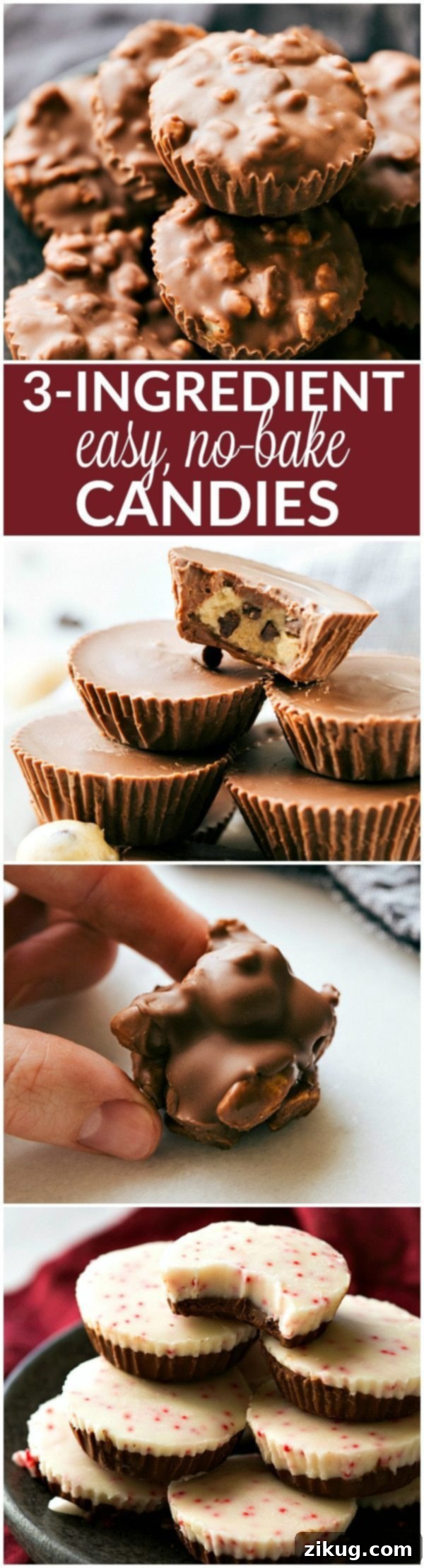 A collection of four different MUFFIN TIN TREATS all with just 3-ingredients. Peppermint Bark Bites, Cookie Dough Cups, Crunch Cups, & Easy Peanut Clusters. No baking required! Perfect for sharing with friends/family, giving out as gifts, bringing into work, or enjoying yourself!