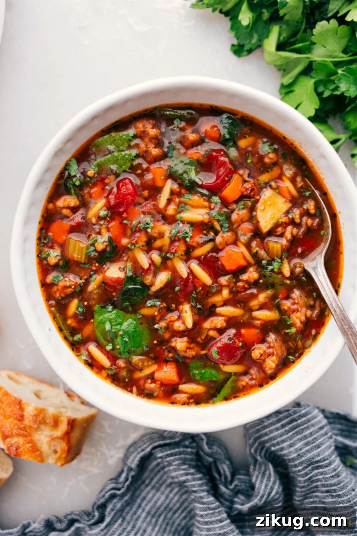 The Best Easy Italian Sausage Orzo Soup Recipe A steaming bowl of Italian Sausage Orzo Soup, garnished with fresh herbs and Parmesan, inviting you to dig in.
