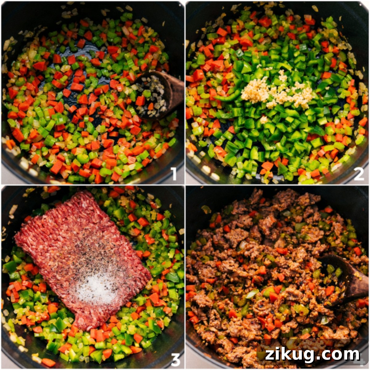 How To Make Hearty Italian Sausage Orzo Soup Freshly diced vegetables sautéing and Italian sausage browning in a large pot with savory seasonings, preparing the base for the Italian Sausage Orzo Soup.