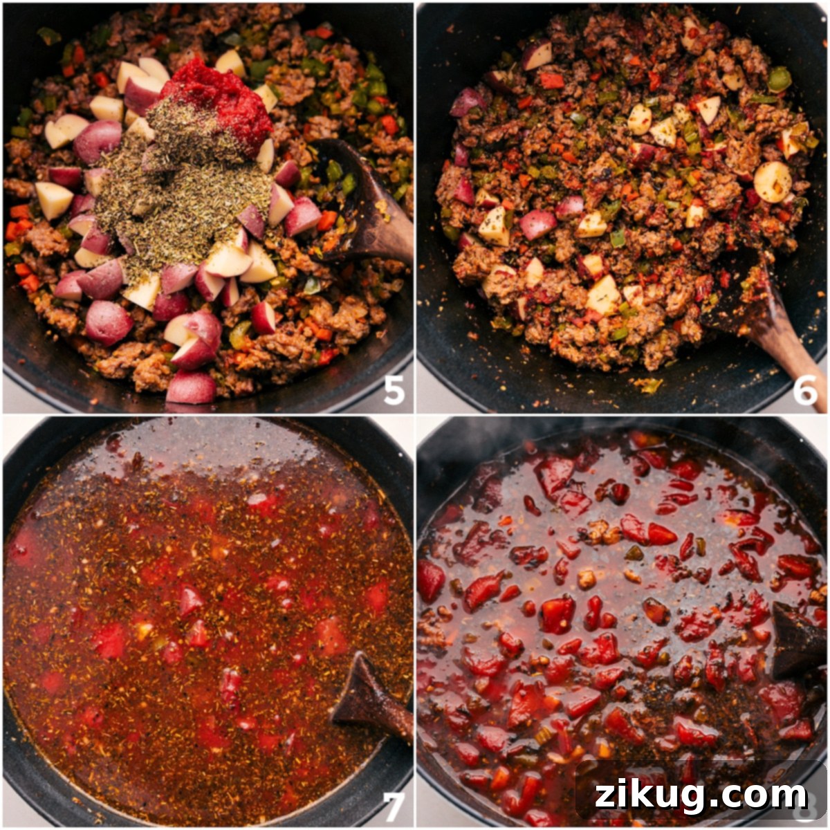 Simmering the Robust Italian Sausage Orzo Soup Diced potatoes, concentrated tomato paste, and a blend of aromatic seasonings simmering in the pot, followed by rich beef broth and fire-roasted diced tomatoes, building the base of the Italian Sausage Orzo Soup.