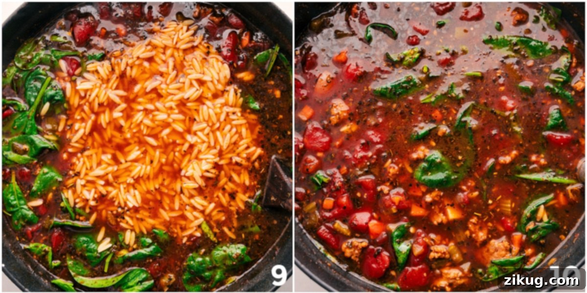 Adding Orzo Pasta and Spinach to This One Pot Soup Delicate orzo pasta and fresh baby spinach gently stirred into the pot, finishing the Italian Sausage Orzo Soup to perfection.