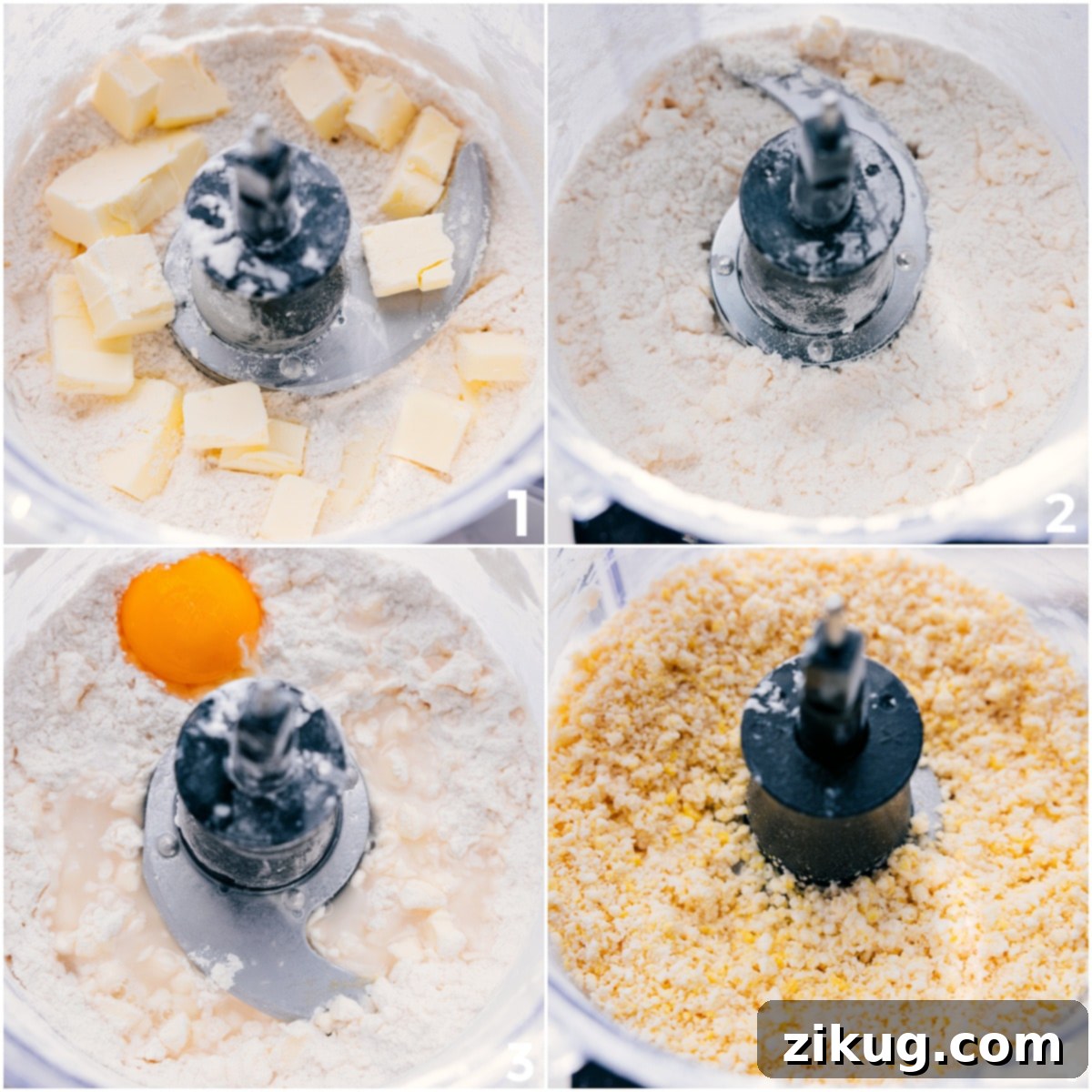 Pie crust dough being made by blending flour and butter, then adding egg yolk and powdered sugar, followed by ice water to form a thick, shaggy dough, perfect for chilling before rolling.