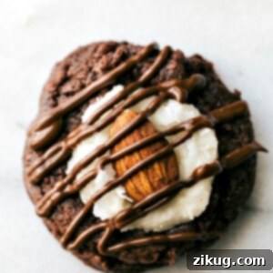 Chewy Chocolate Coconut Almond Delights 3 Finished Almond Joy Cookies with chocolate drizzle and almonds