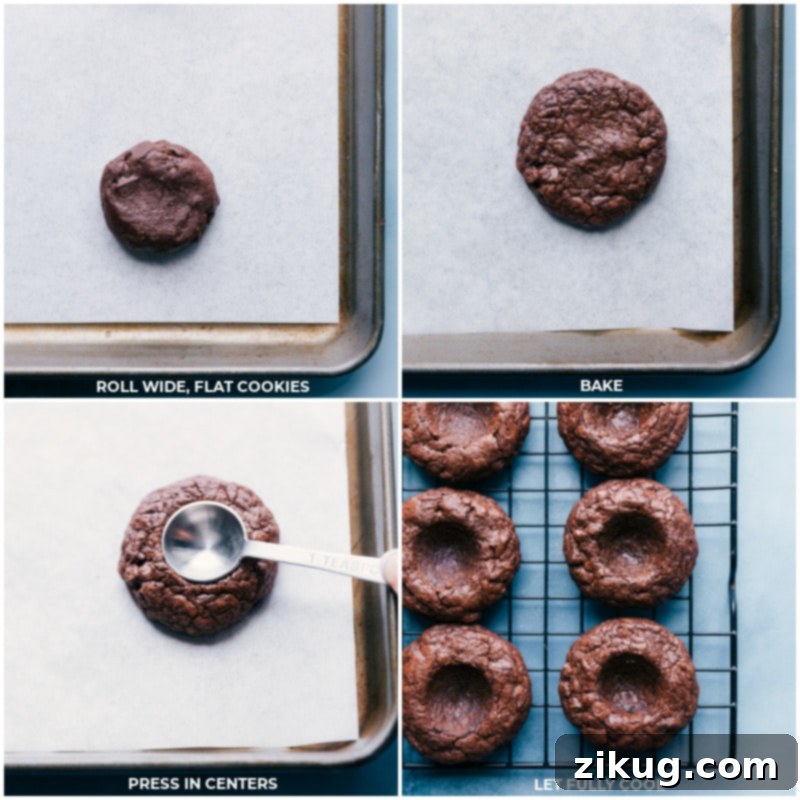 Almond Joy Cookies start with a delicious fudgy brownie cookie base, ready for the signature thumbprint. Recipe via ChelseasMessyApron #dessert #best #quick #easy #simple #chocolate #frosting #almondjoy #thumbprint #cookies Process shots showing cookie dough being rolled and baked, and centers being pressed in after baking to create a thumbprint