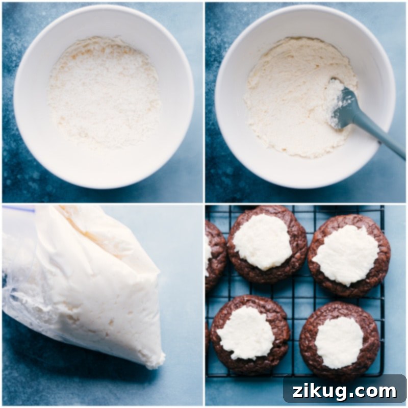 Almond Joy Cookies – a delightful combination of chocolate, coconut, and almond, expertly frosted. What's not to love?! Recipe via ChelseasMessyApron #dessert #best #quick #easy #simple #chocolate #frosting #almondjoy #thumbprint #cookies Process shots of Almond Joy Cookies: Images showing frosting filling the cookie indents and coconut flakes being added, topped with almonds