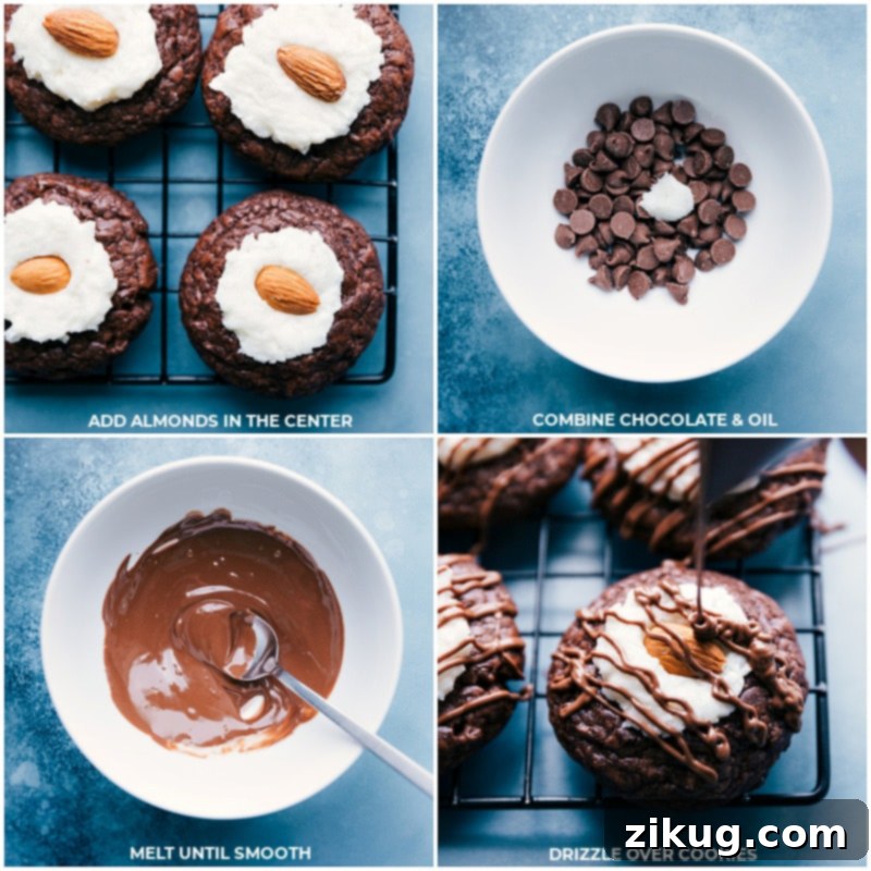Finish your Almond Joy Cookies with a roasted almond and delicate chocolate drizzle. Start with a brownie cookie base loaded with creamy coconut frosting -- what's not to love?! Recipe via ChelseasMessyApron #dessert #best #quick #easy #simple #chocolate #frosting #almondjoy #thumbprint #cookies Process shots showing whole almonds being placed into the frosted cookie centers and chocolate being drizzled over the finished cookies for a gourmet look