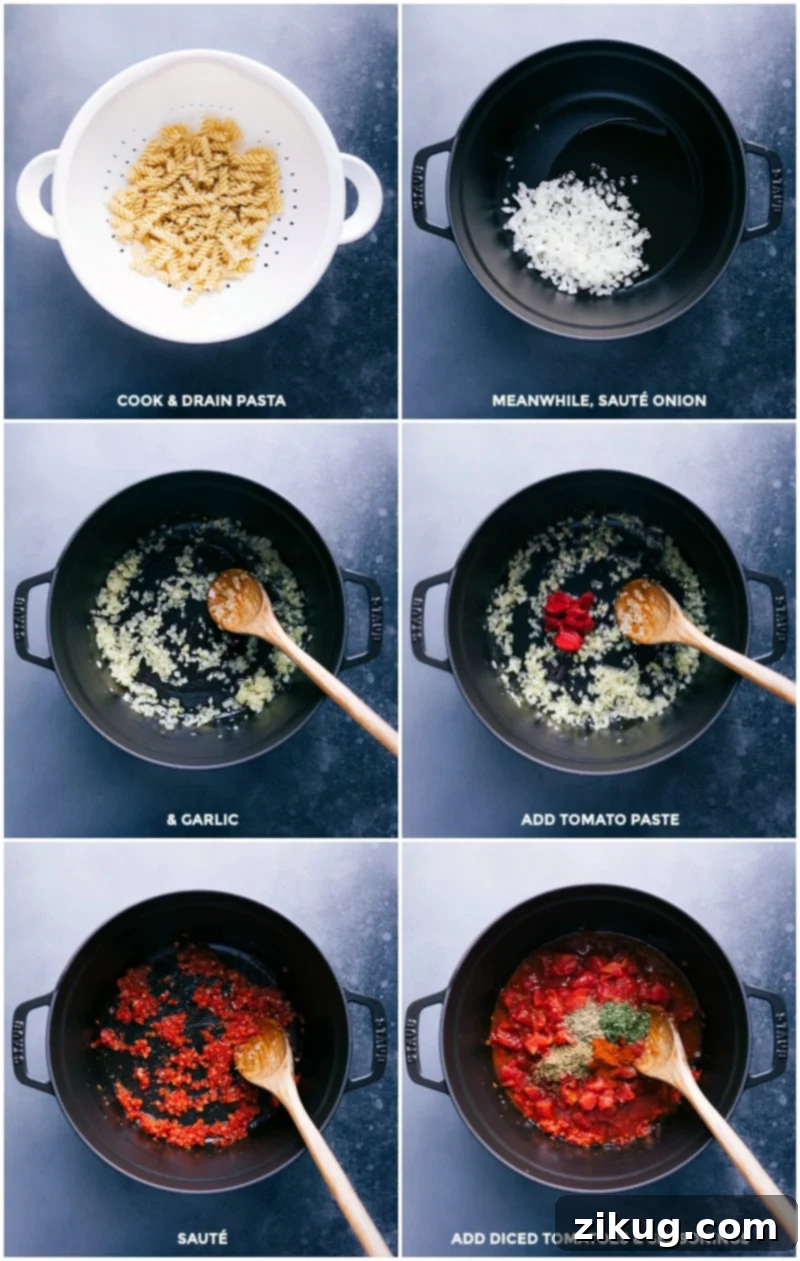 Step-by-step collage showing the process of preparing Chicken Parmesan Soup, from sautéing vegetables to combining ingredients.