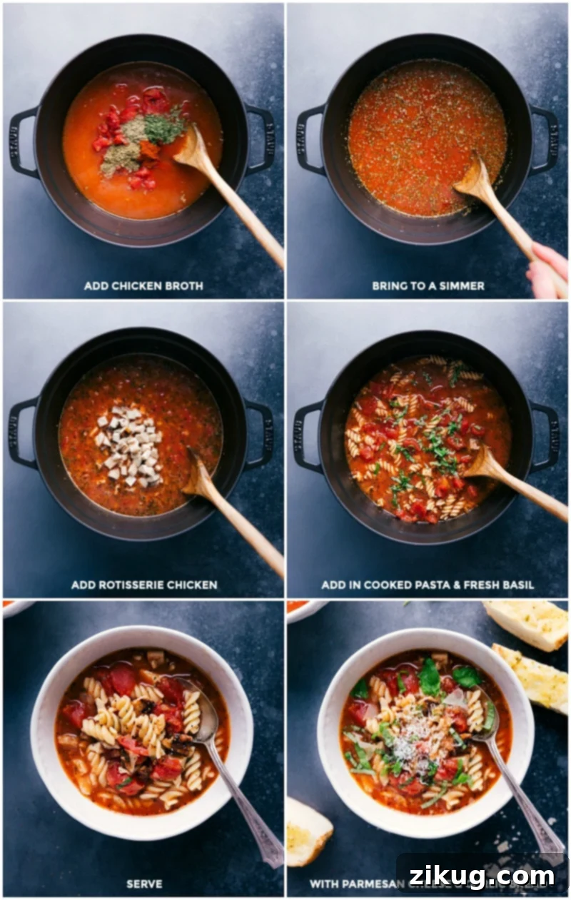 Collage showing the final garnishing and serving steps of Chicken Parmesan Soup, topped with Parmesan and fresh basil.