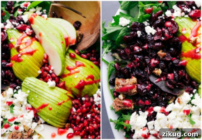 Pear Salad with Dried Cherries: A Sweet and Tangy Delight A close-up of the delicious pear salad, highlighting glistening slices of fresh pears and chewy dried cherries, generously coated in a vibrant dressing.