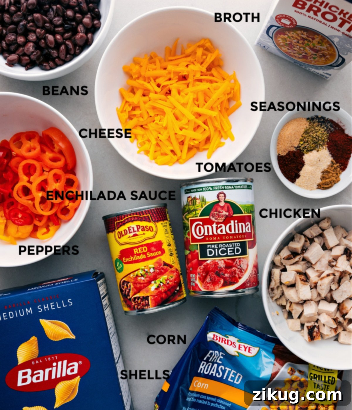 All the fresh and dry ingredients for Enchilada Pasta, prepped and organized for easy cooking.