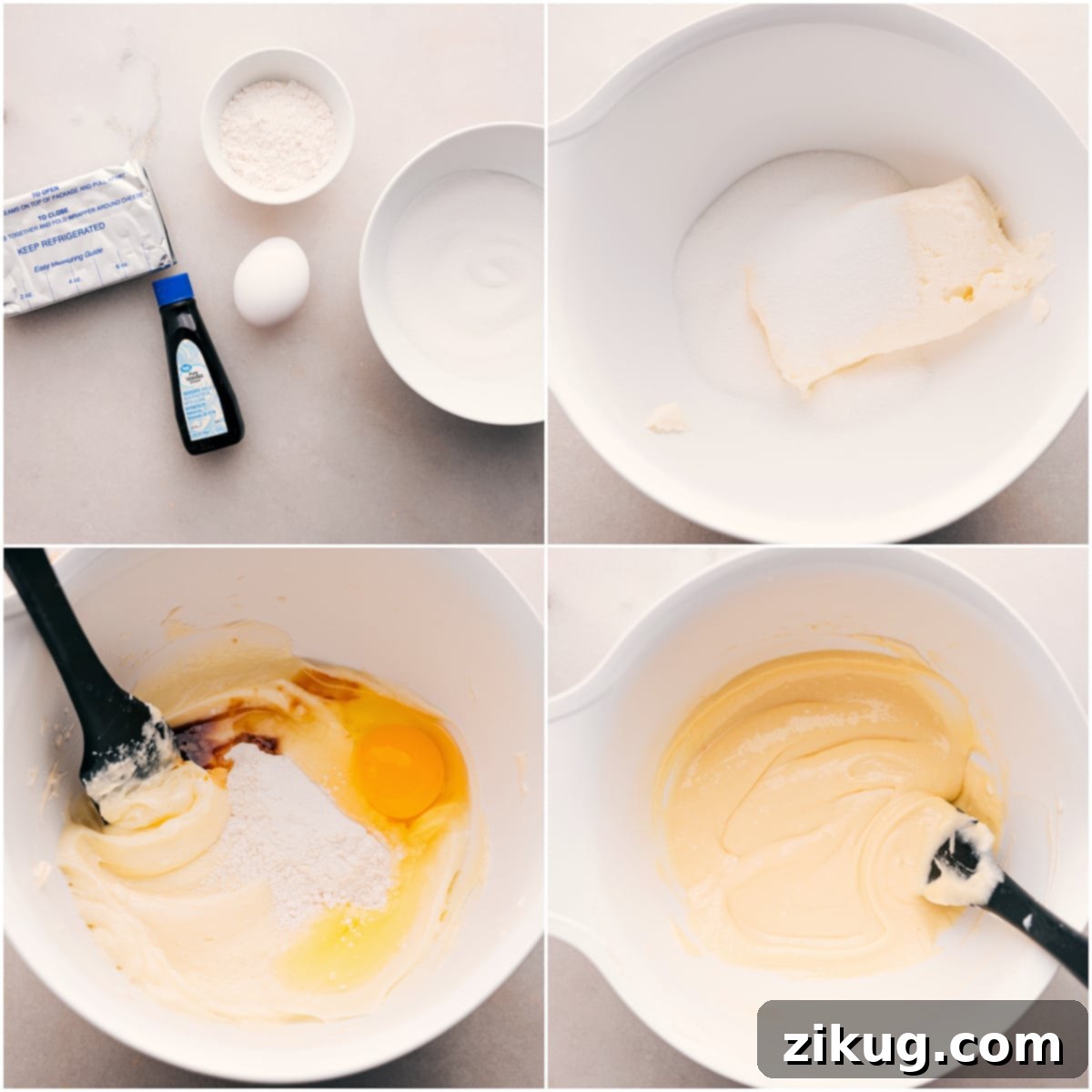 The cheesecake filling being mixed to a perfectly smooth consistency before adding to the crust.