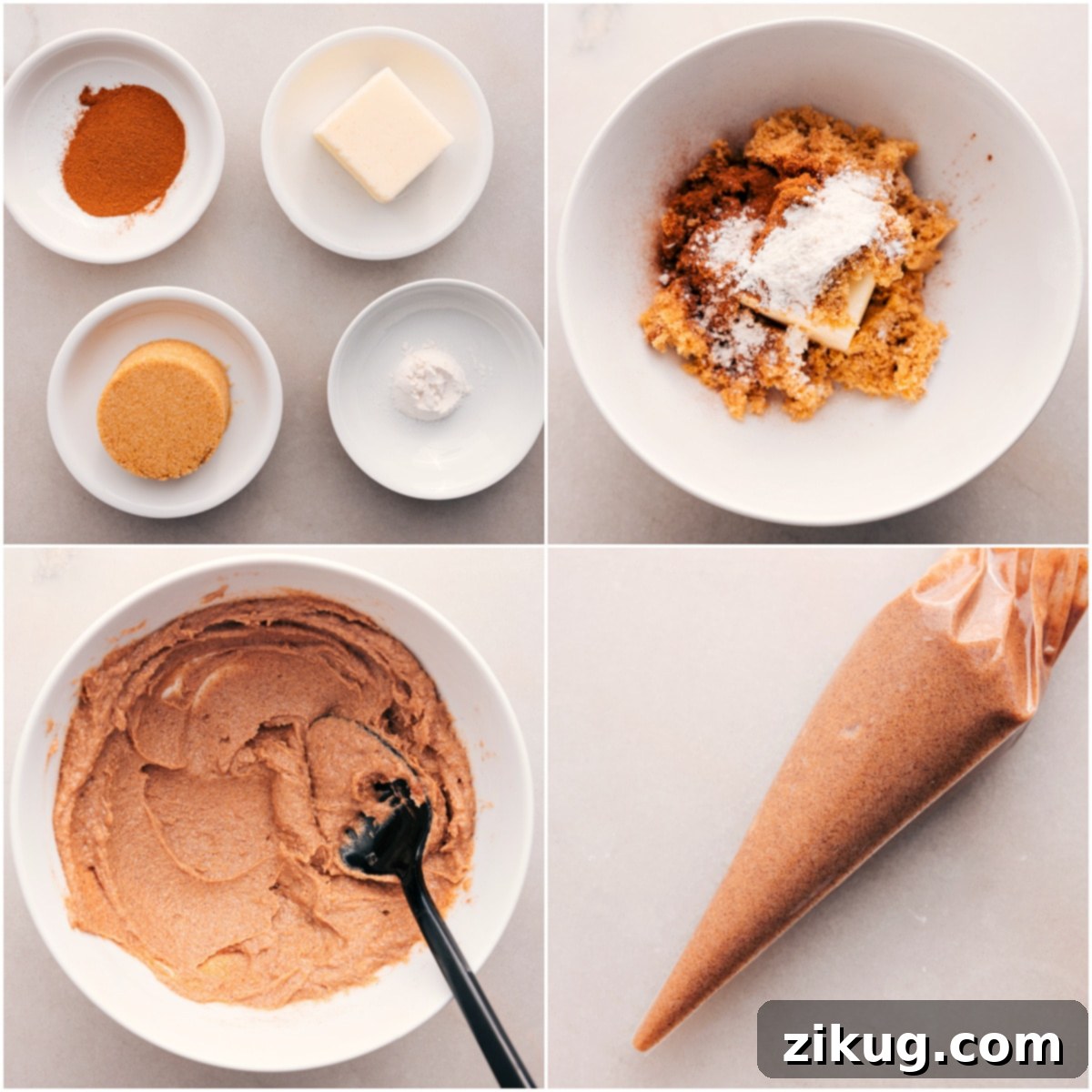 The cream cheese cinnamon swirl is carefully piped and mixed into the cheesecake batter, ready for baking.