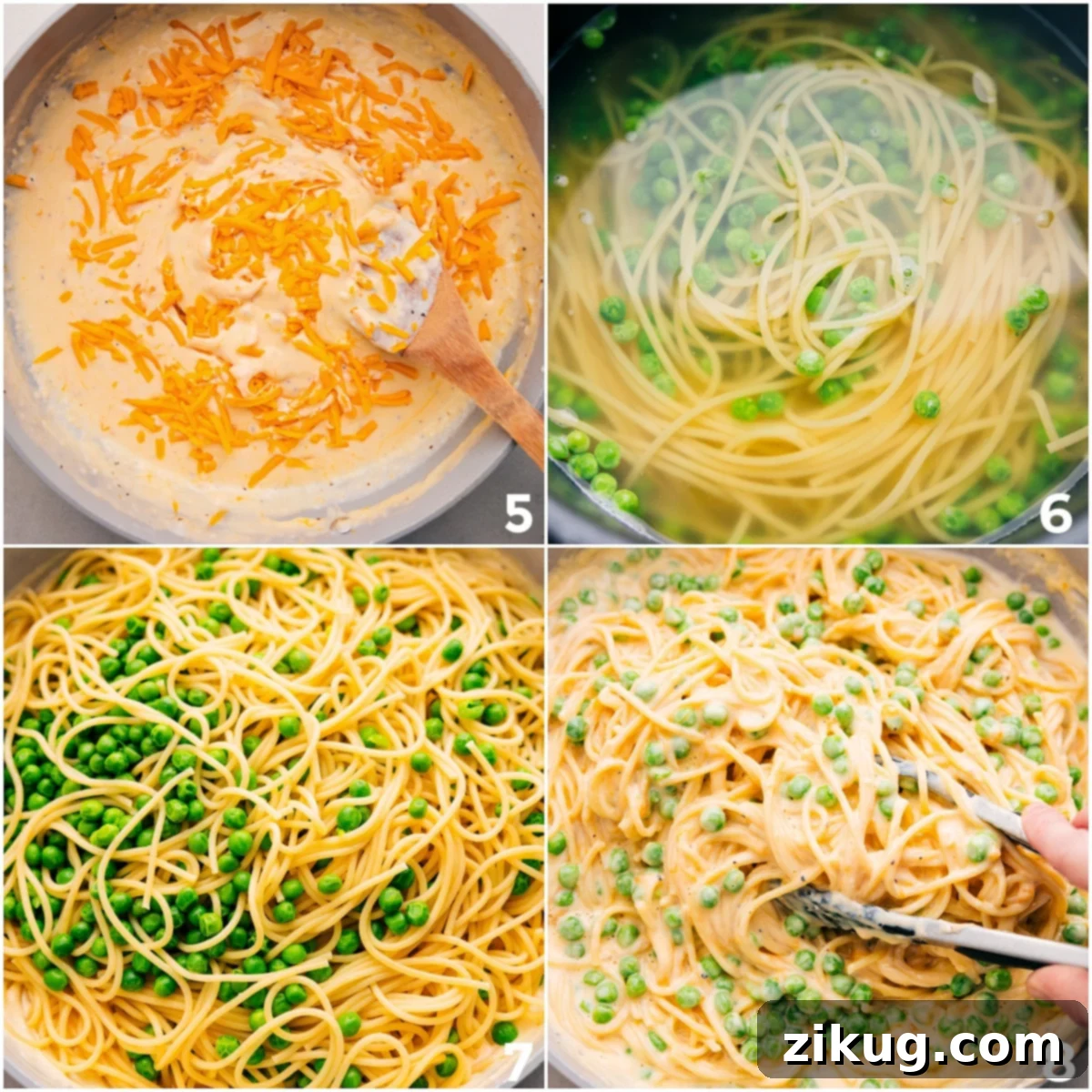 Mix cheese into the cream sauce, cook the pasta with peas, and combine everything together.