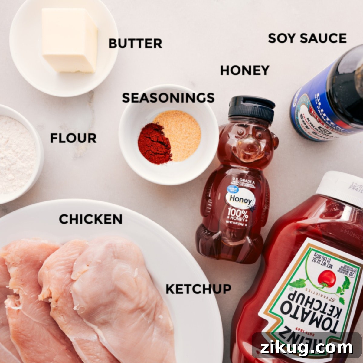 Ingredients In Honey Garlic Chicken Recipe All the ingredients for this recipe are prepped and ready for easy assembly: butter, soy sauce, honey, seasonings, ketchup, meat, and flour.