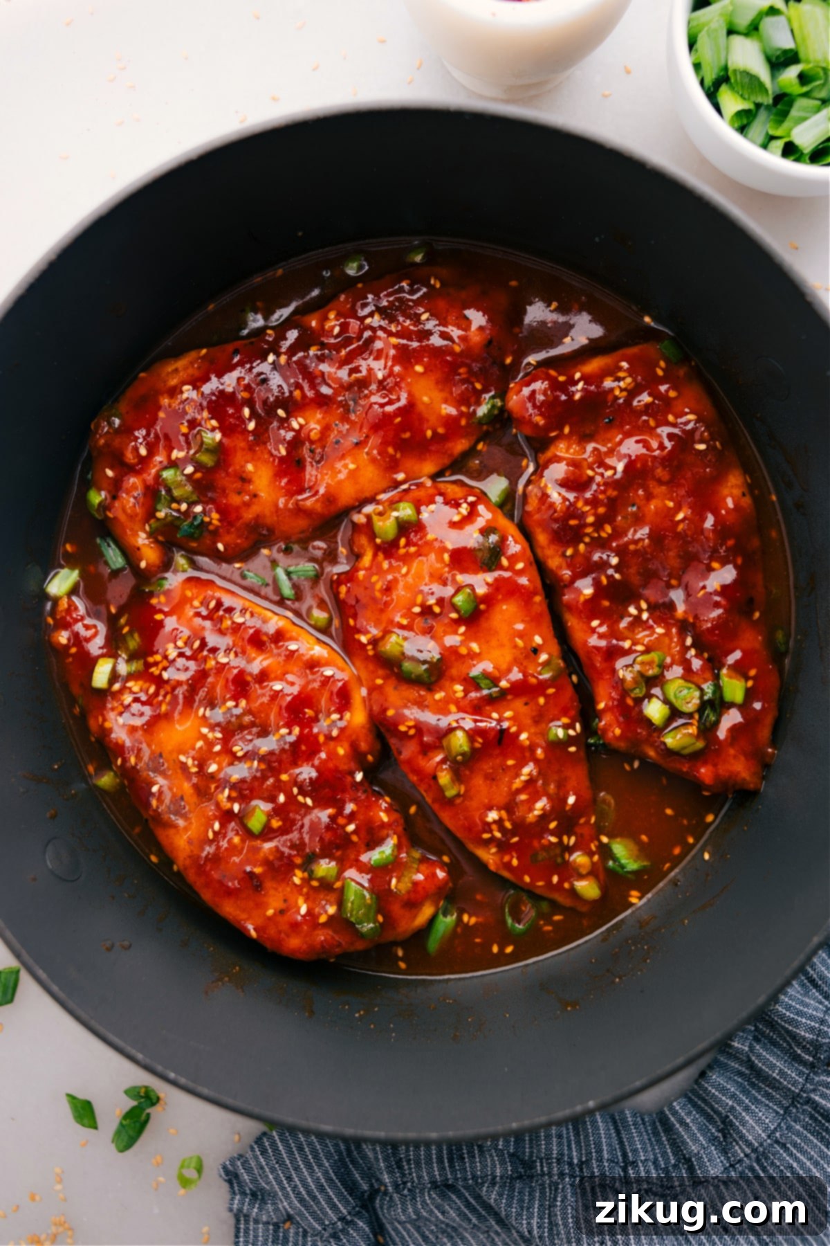 The Best Honey Garlic Chicken Recipe Ever Honey Garlic Chicken, topped with sesame seeds and green onions, is ready to serve and enjoy.