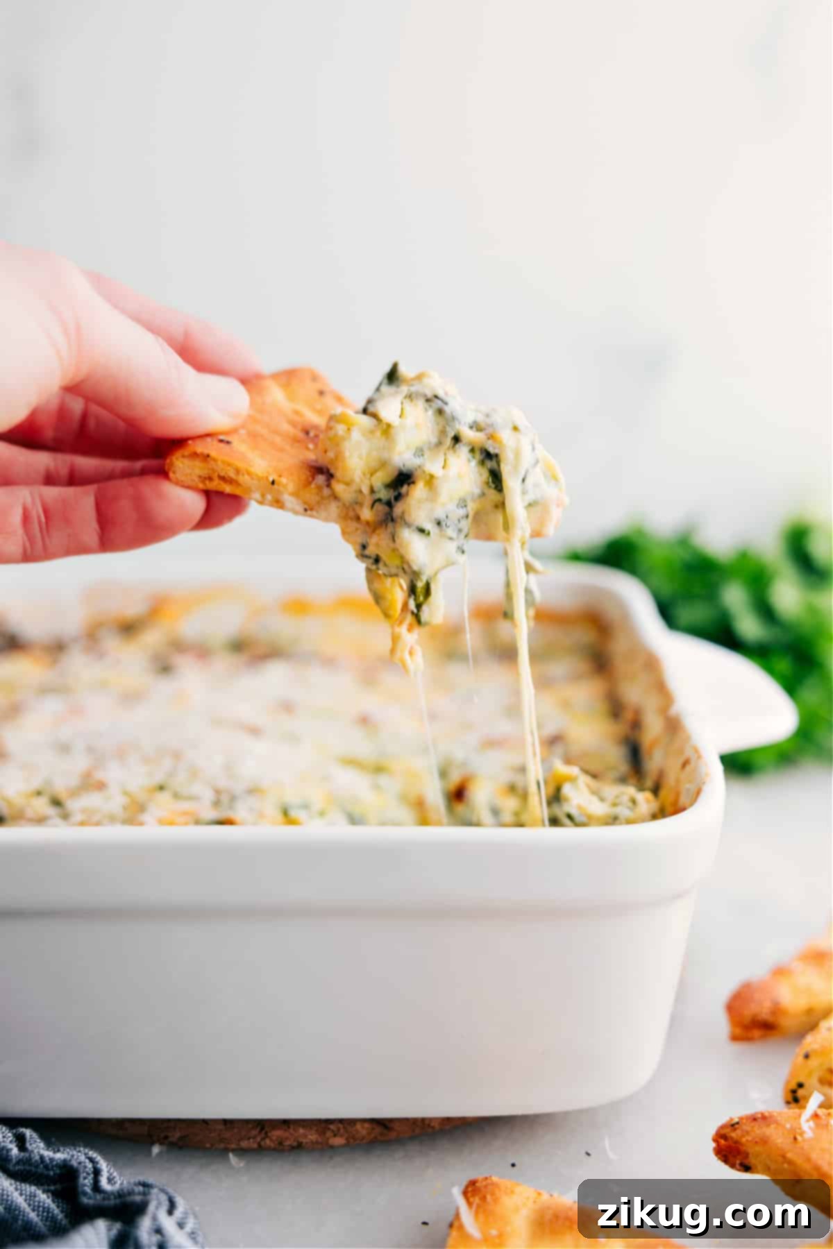 The Best Spinach Artichoke Dip Ever A generous scoop of golden, bubbly Spinach Artichoke Dip rests on a crispy cracker, ready to be enjoyed.