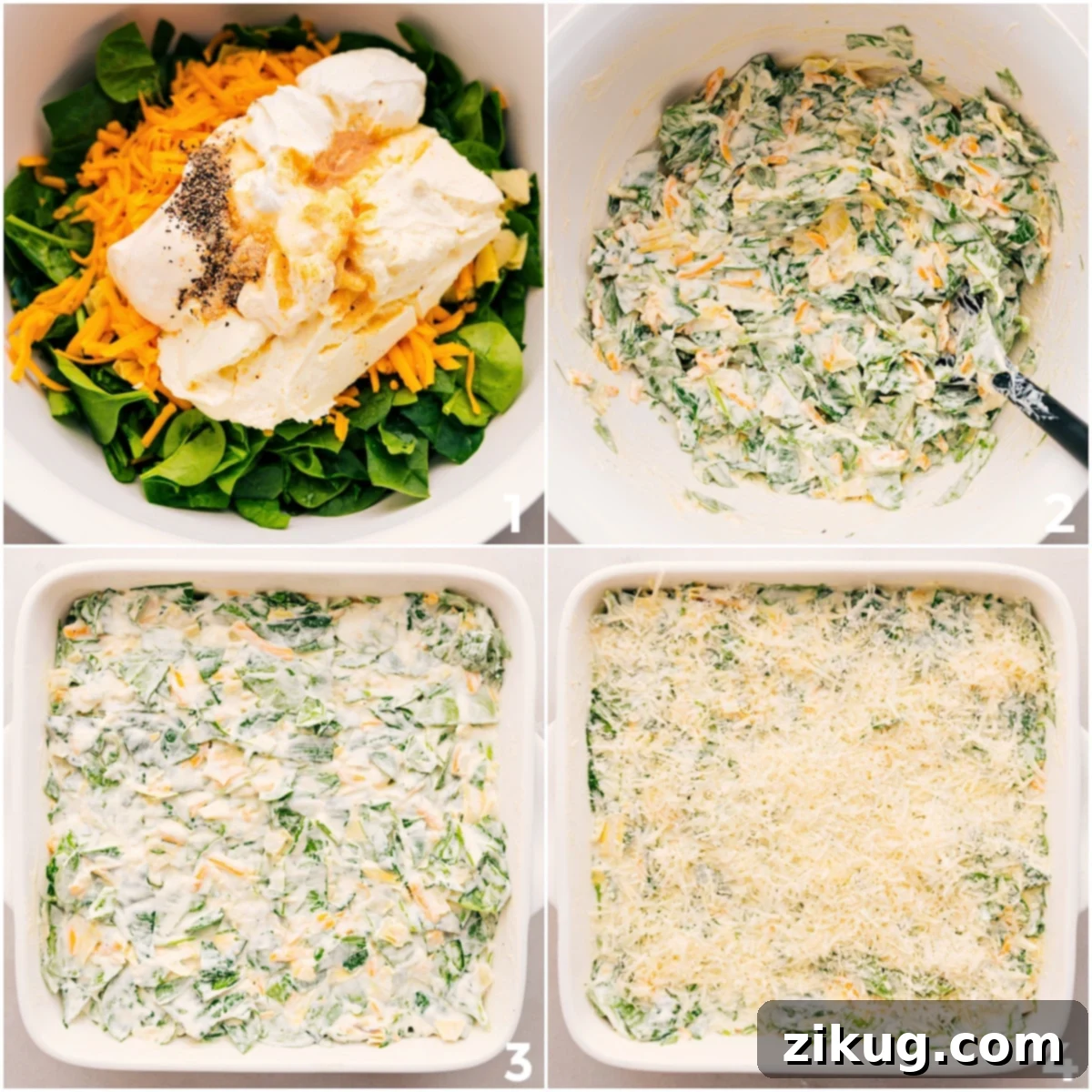 How To Make Spinach Artichoke Dip Recipe The creamy Spinach Artichoke Dip ingredients are thoroughly combined in a large mixing bowl, then spread evenly into a baking pan, ready for the oven to transform them into a golden, bubbly appetizer.