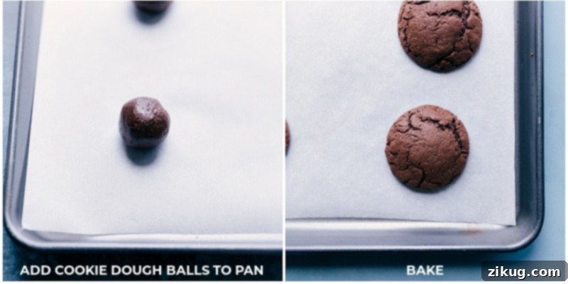 Cookie dough balls before and after baking, showing the transformation into perfect chocolate cookies.