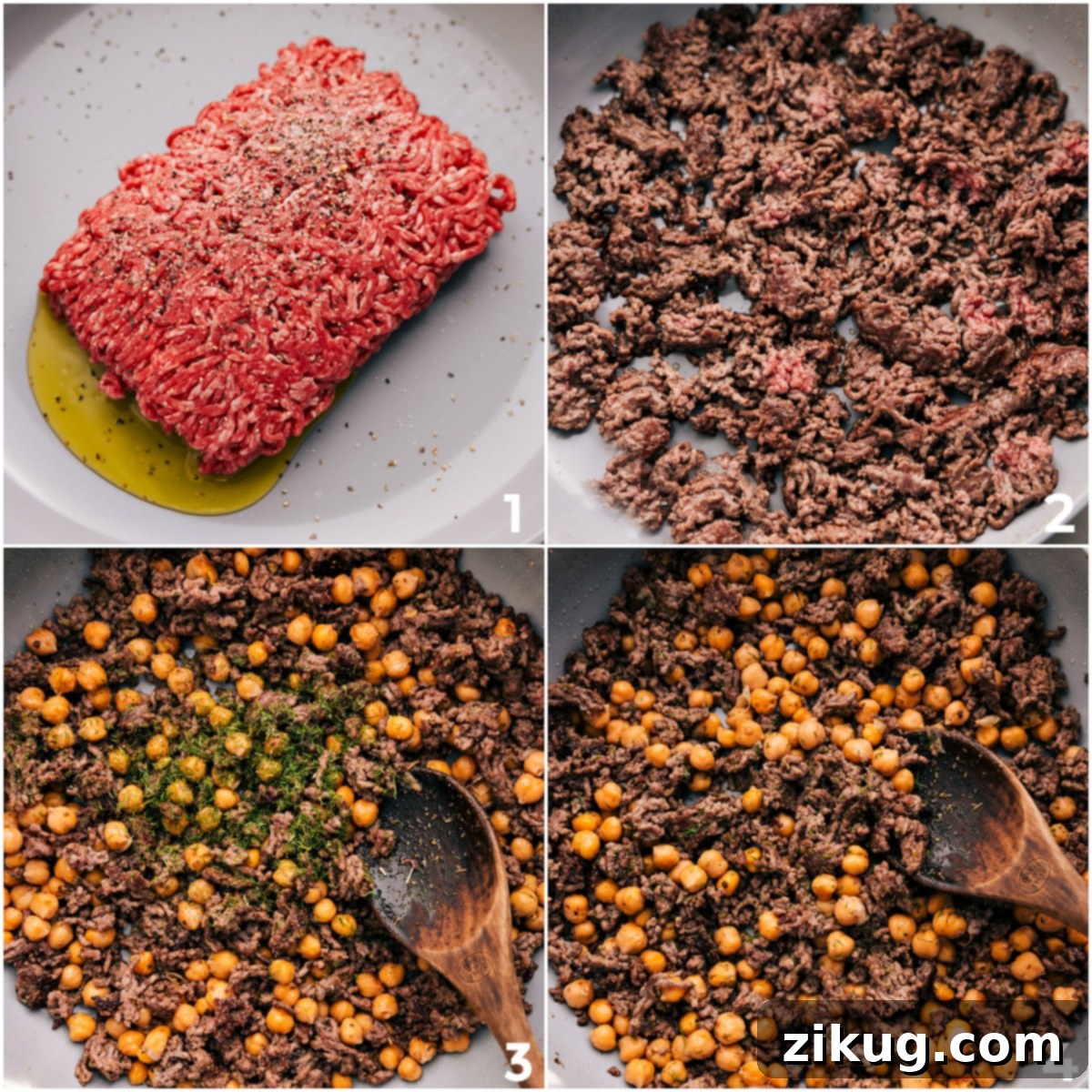 How To Make Greek Beef Bowl Recipe: Brown The Beef The lean ground beef is expertly browned in a large pan, developing a rich, caramelized crust, before being combined with wholesome chickpeas and a blend of aromatic Greek herbs for these satisfying Greek beef bowls.