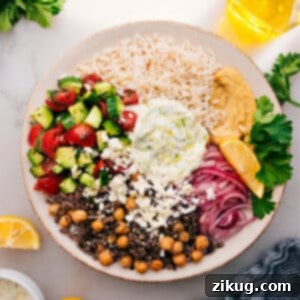 A top-down view of a vibrant Greek Beef Bowl with all its delicious components. This image is perfect for showcasing the final dish.