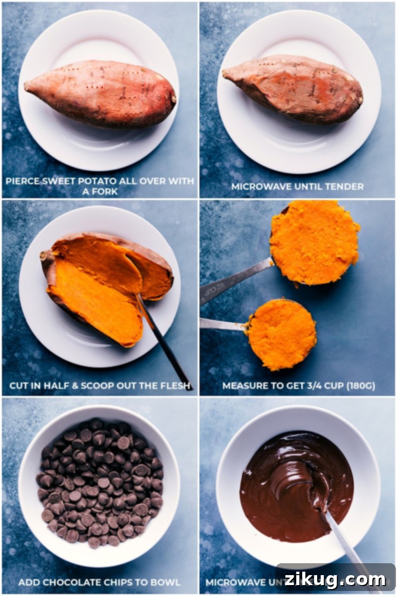 Discover the secret ingredient for the best Healthy Ice Cream: sweet potatoes! Enjoy wholesome, nutritious chocolate ice cream without frozen bananas. This recipe is dairy-free, vegan, vegetarian, and gluten-free. #healthyicecream #chocolate #sweetpotato #veganfriendly #glutenfree #homemade Process shots showing raw sweet potatoes, melted chocolate chips, and ingredients being added to a blender.
