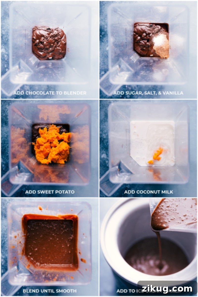 This Healthy Ice Cream uses sweet potatoes for creamy texture, not bananas! Dairy-free, vegan, vegetarian, gluten-free, and incredibly delicious. #healthyicecream #sweetpotato #chocolate #vegan #easyrecipe All ice cream ingredients being blended, then poured into an ice cream maker.