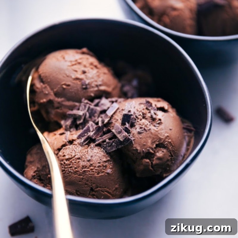 Enjoy rich, healthy chocolate ice cream that's both nutritious and satisfying. A perfect guilt-free dessert. #healthydessert #chocolateicecream #sweetpotatorecipes A close-up view of a perfectly scooped bowl of healthy chocolate ice cream, garnished with chocolate shavings.