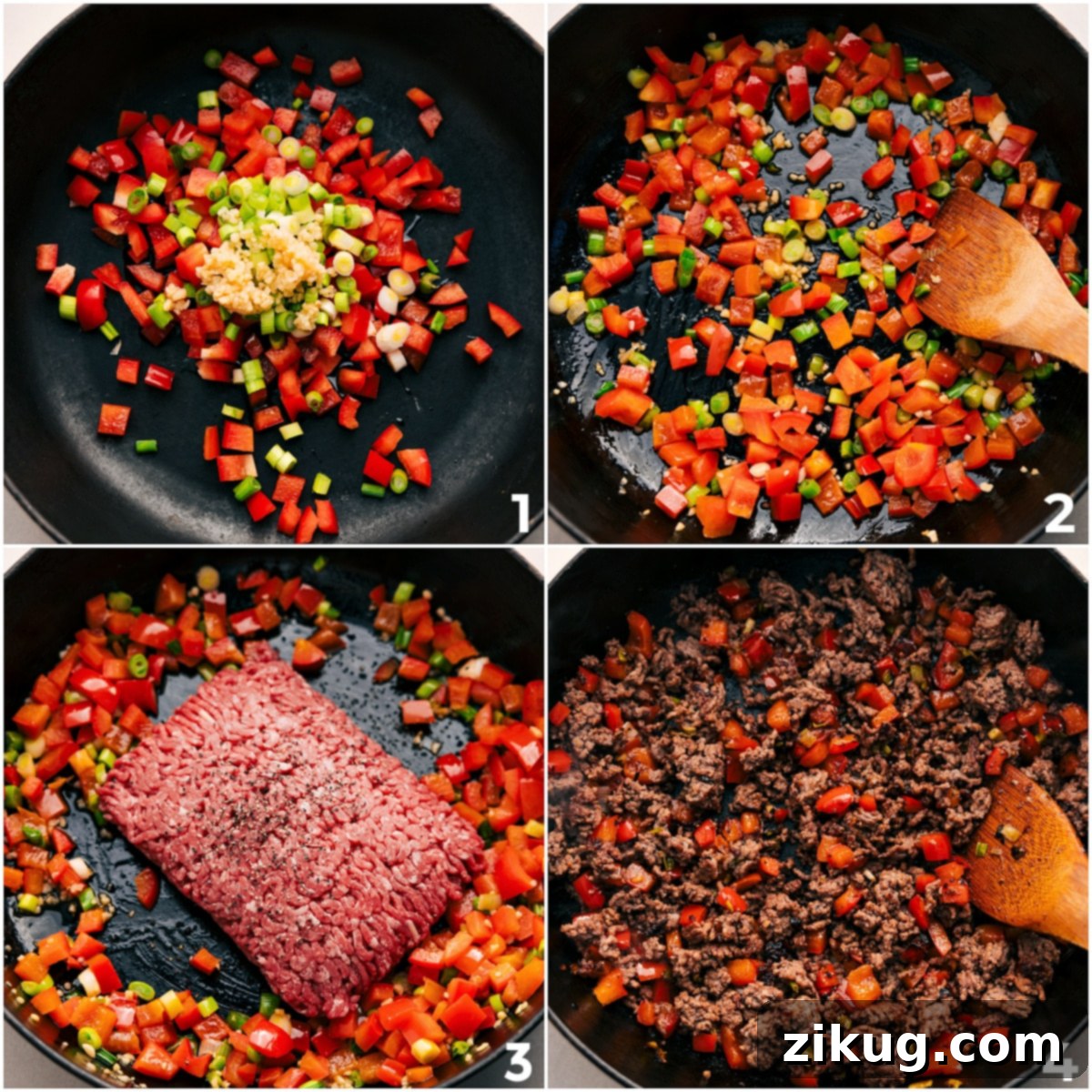 Cooking The Beef For Asian Ground Beef Veggies sautéed and beef browned together for this Asian ground beef.