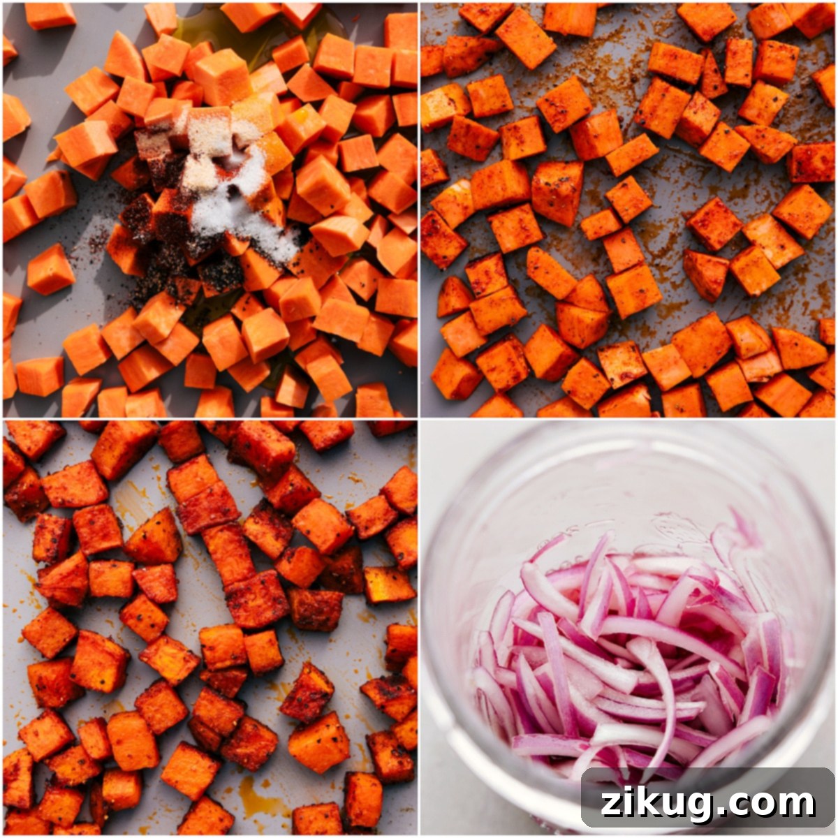 Beautifully roasted sweet potato cubes, golden and slightly caramelized, next to a jar of homemade pickled red onions for a Beef Burrito Bowl.