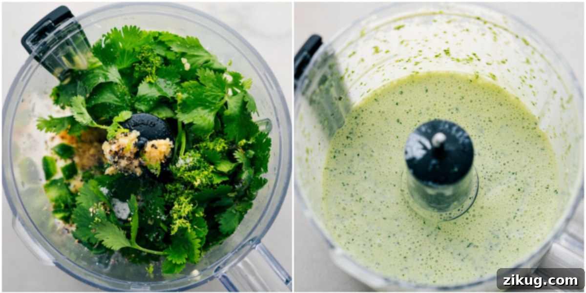 Freshly blended green cilantro lime sauce swirling in a food processor, ready to be drizzled over a burrito bowl.