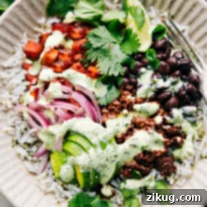 Delicious Beef Burrito Bowl with all the fixings, ready to eat.