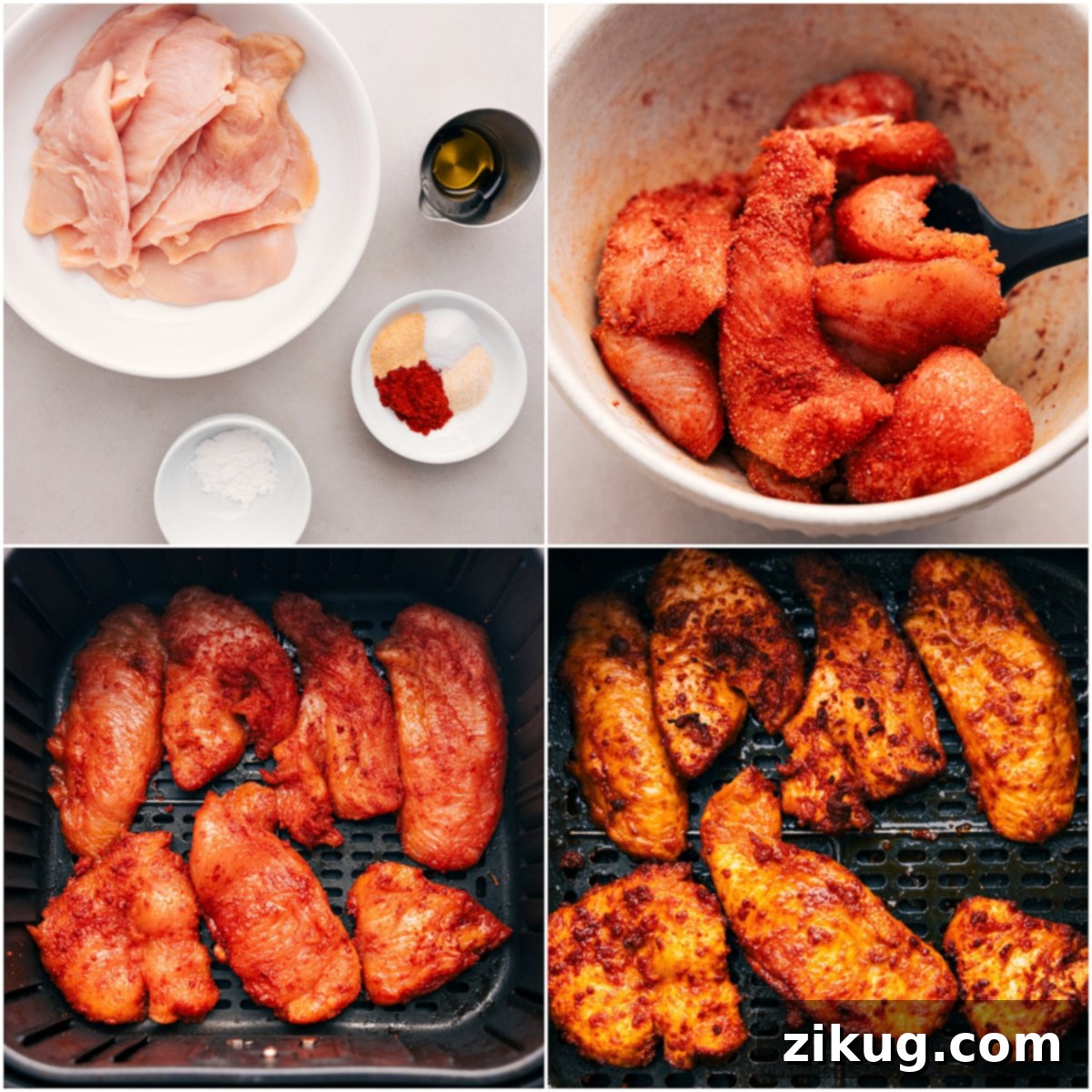 Air Fried Bang Bang Chicken Recipe Chicken pieces are prepped, coated in a dry spice rub, and arranged in an air fryer basket, ready for cooking.