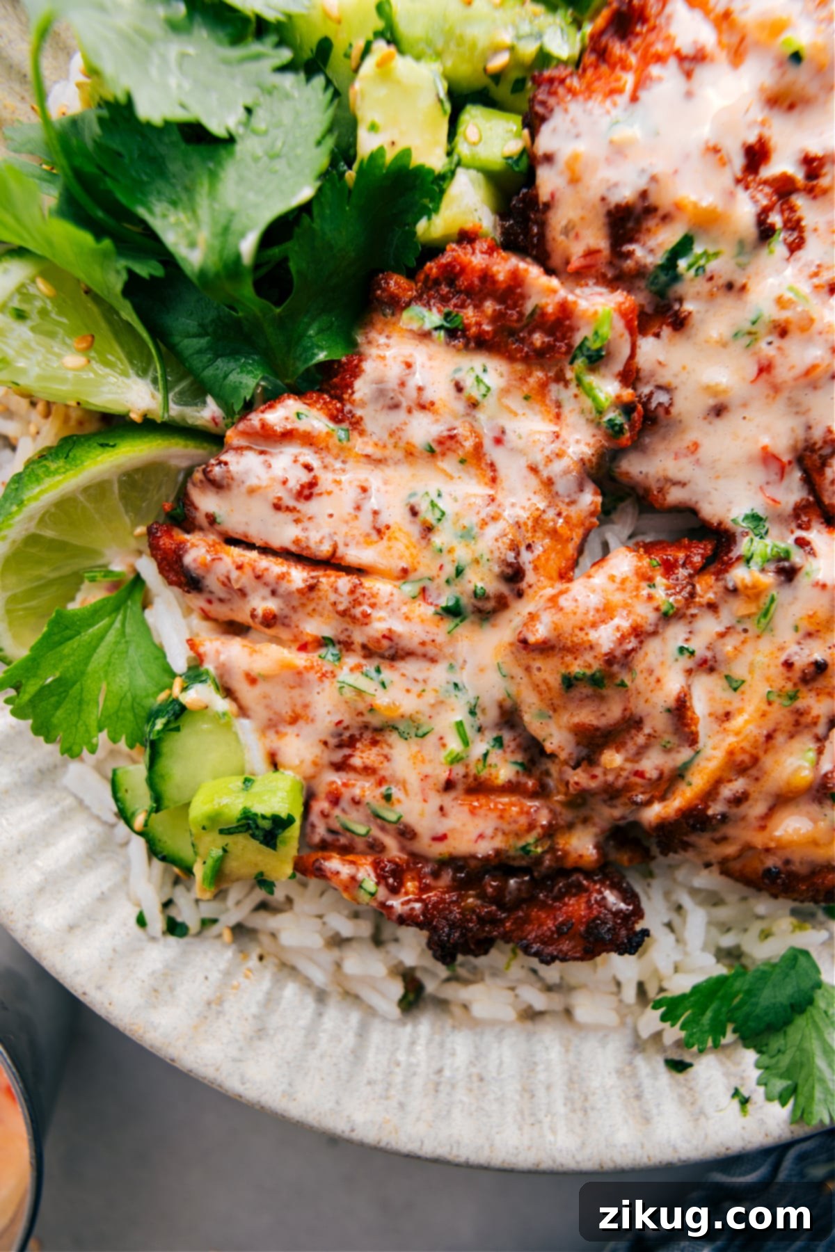 Citrus Bang Bang Chicken Recipe Plated Bang Bang Chicken on rice, drizzled generously with Bang Bang sauce and garnished with a sprinkle of fresh lime zest.