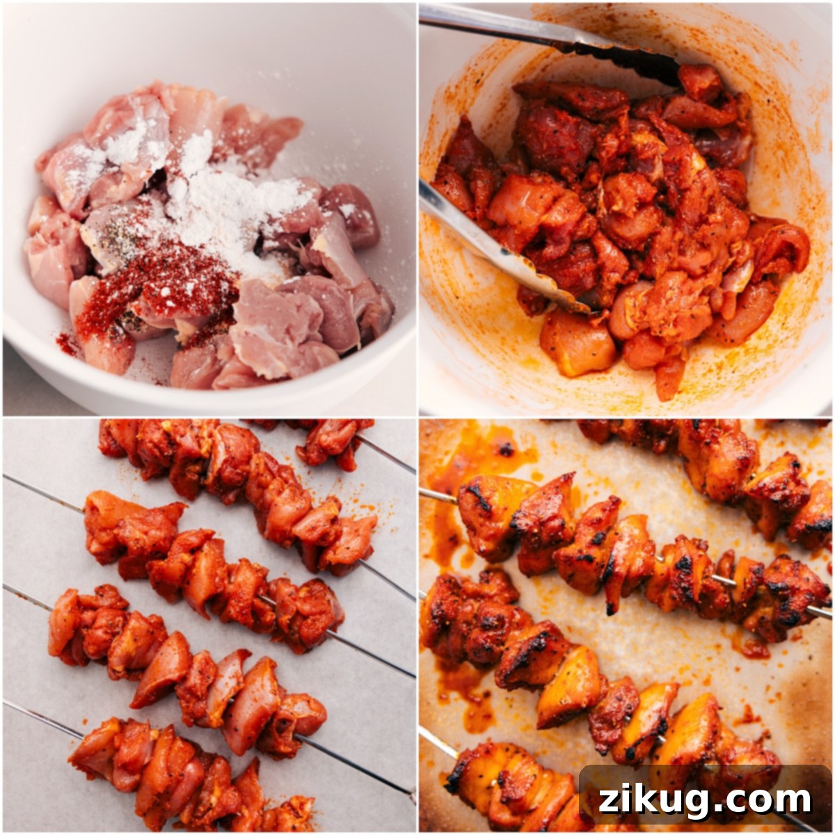 The Best Bang Bang Chicken Kabobs Expertly prepped chicken pieces are threaded onto skewers, ready for cooking. The image captures the juicy chicken glistening with seasoning, highlighting the simplicity and elegance of these Bang Bang Chicken Skewers.