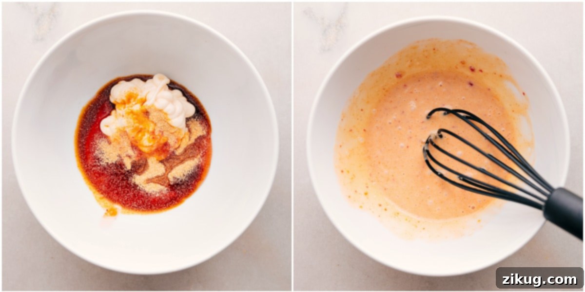 How To Make Bang Bang Sauce All the ingredients for the Bang Bang sauce are measured and ready in a bowl. A whisk is positioned to combine the creamy mayonnaise, sweet chili sauce, soy sauce, and garlic powder into a smooth, irresistible sauce.