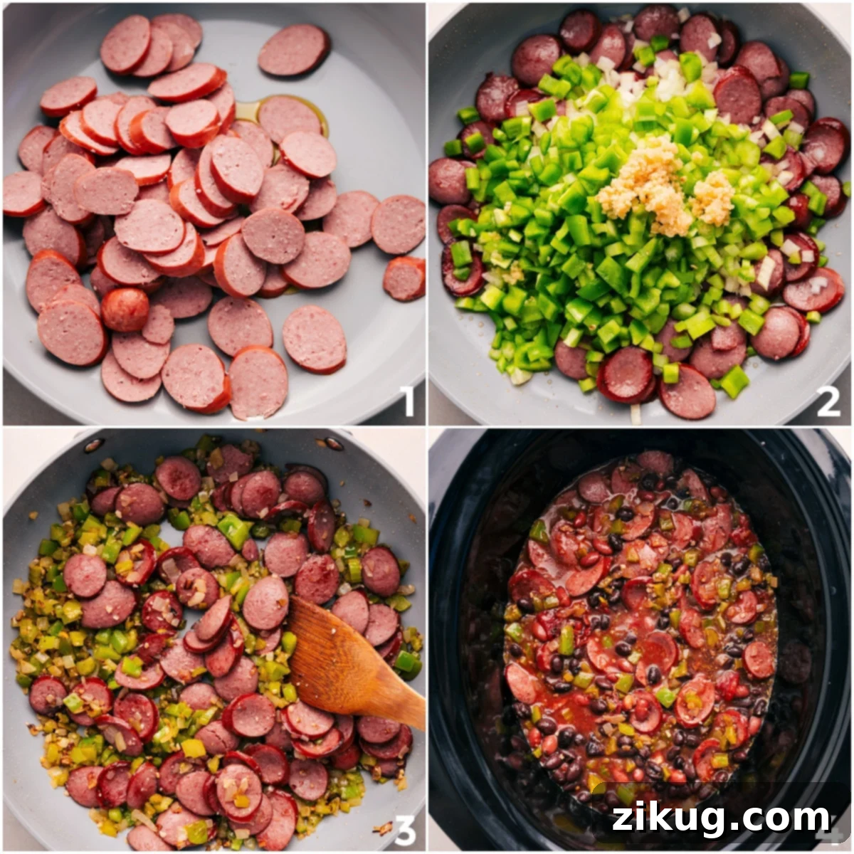 How To Make Black Beans And Sausage Over Rice Step By Step The cooking process for black beans and sausage begins with browning the sausage, then sautéing the vegetables, before combining all ingredients in a slow cooker.