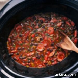 Completed Slow Cooker Black Beans and Sausage dish.