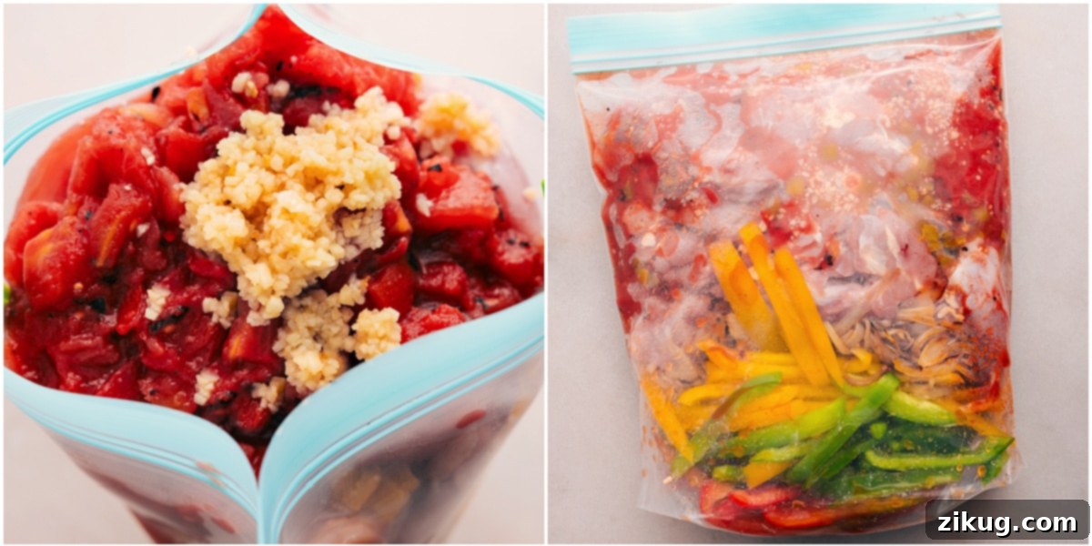 Freezer Friendly Crockpot Chicken Fajitas Meal All the prepped ingredients for Crockpot Chicken Fajitas are combined into a freezer bag, showcasing a convenient freezer-friendly meal option.