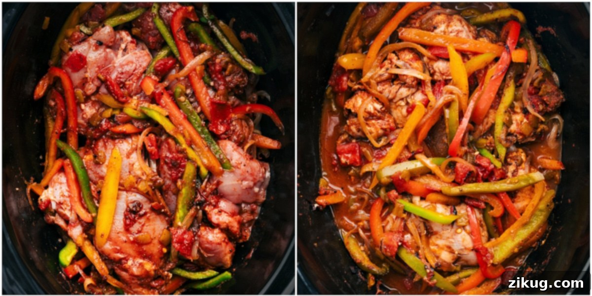 Cook Chicken Fajitas In A Crockpot All ingredients for Chicken Fajitas are added to the slow cooker and are cooking to tender perfection, creating a delicious aroma.