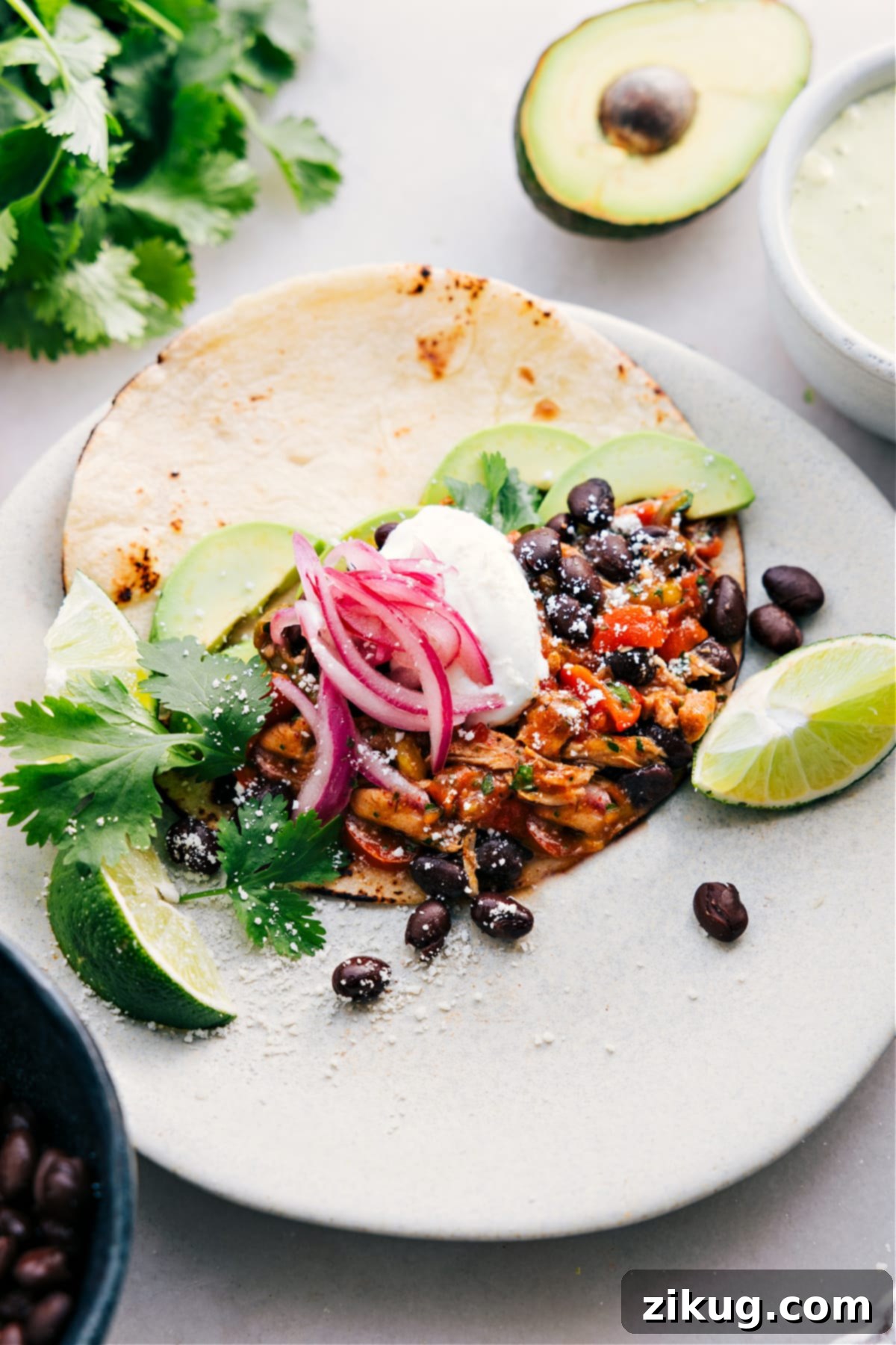 The Best Crockpot Chicken Fajitas Recipe Ever A perfectly assembled Crockpot Chicken Fajita in a warm tortilla, generously topped with black beans, onions, sour cream, fresh avocado, shredded cheese, and a lime wedge for garnish.
