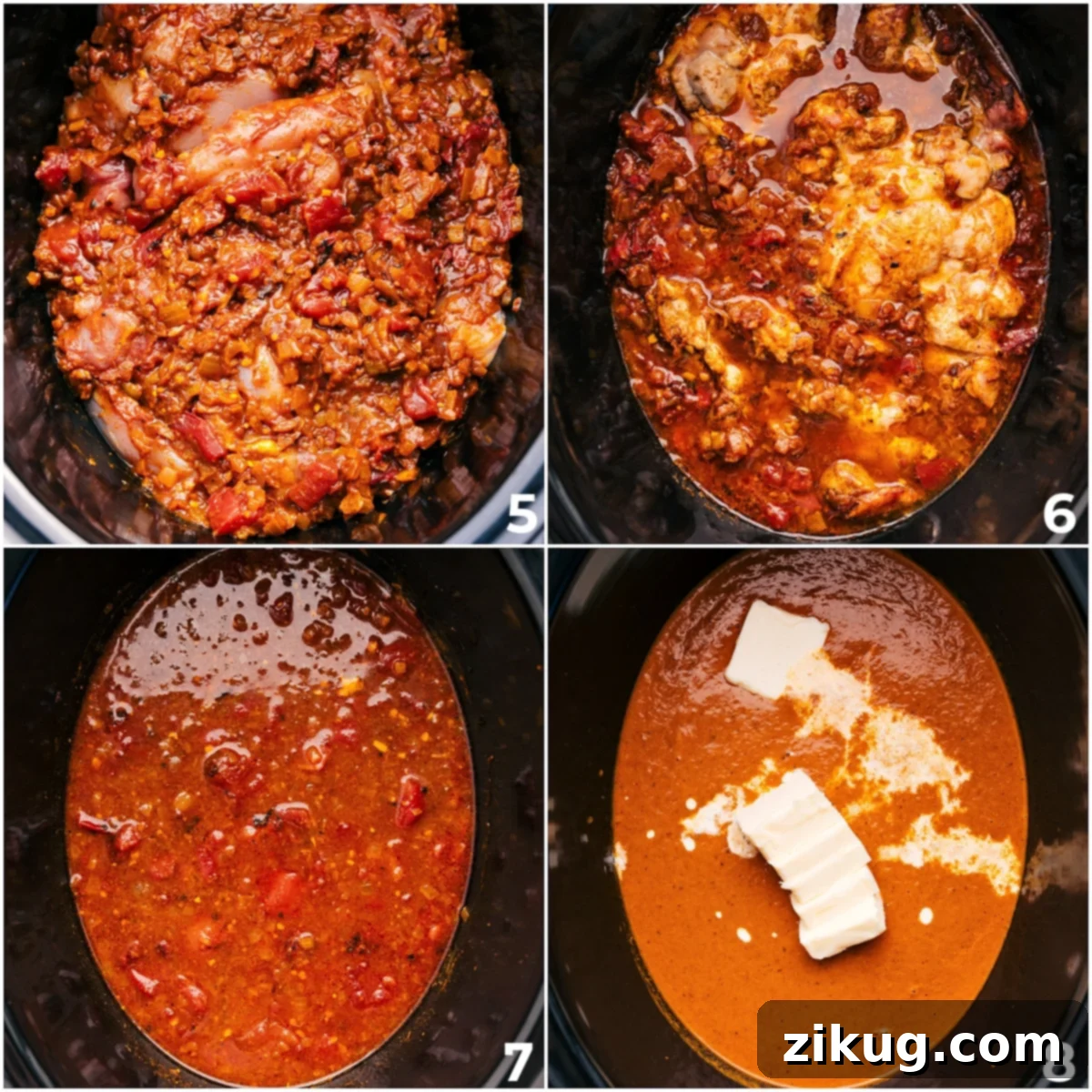 The savory chicken and onion mixture are combined with diced tomatoes in the slow cooker for hours. After cooking, butter and heavy cream are stirred into the rich sauce, and the chicken is shredded, completing this luscious Crockpot Butter Chicken.