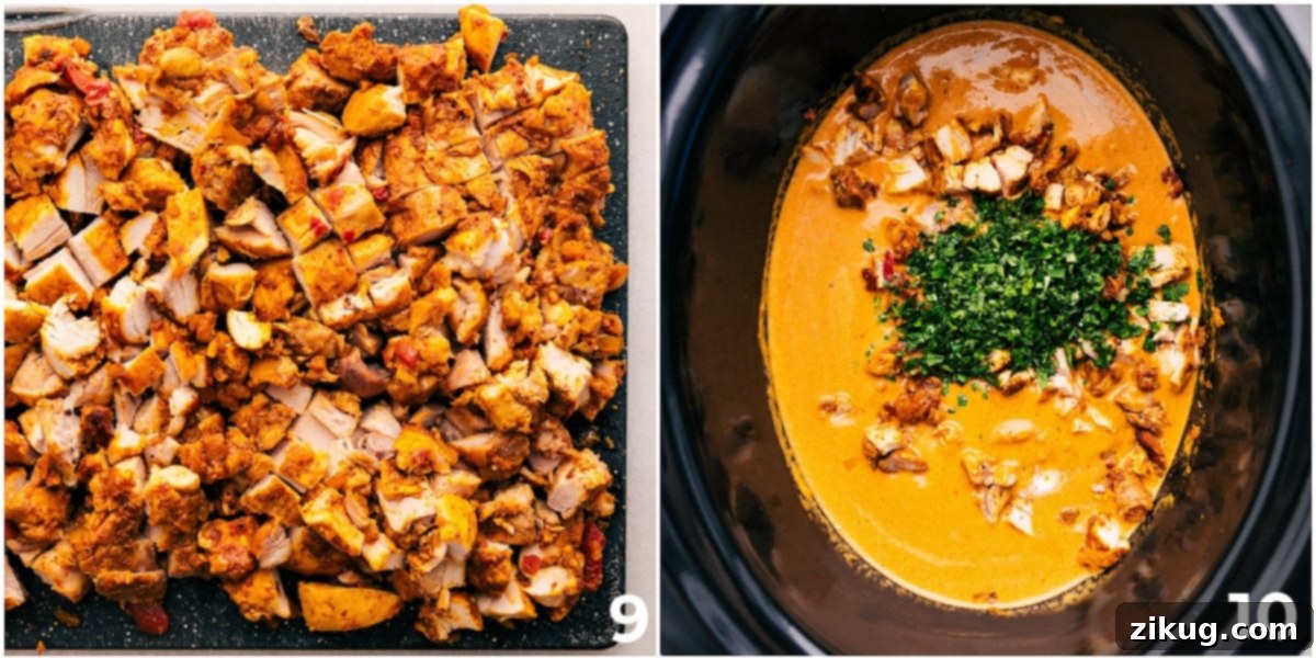After slow cooking, the tender chicken meat is removed from the sauce, shredded or chopped into bite-sized pieces, and then added back to the rich, creamy sauce along with fresh herbs for a perfect finish.