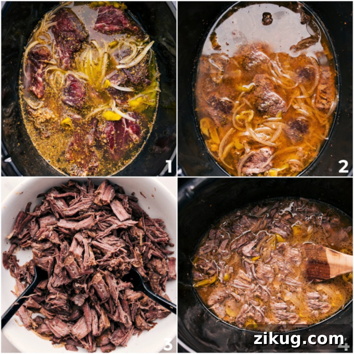 Slow Cooked Italian Beef Perfection Beef chuck roast slow cooking in a crockpot, infusing with flavors before shredding for Italian Beef Sandwiches.