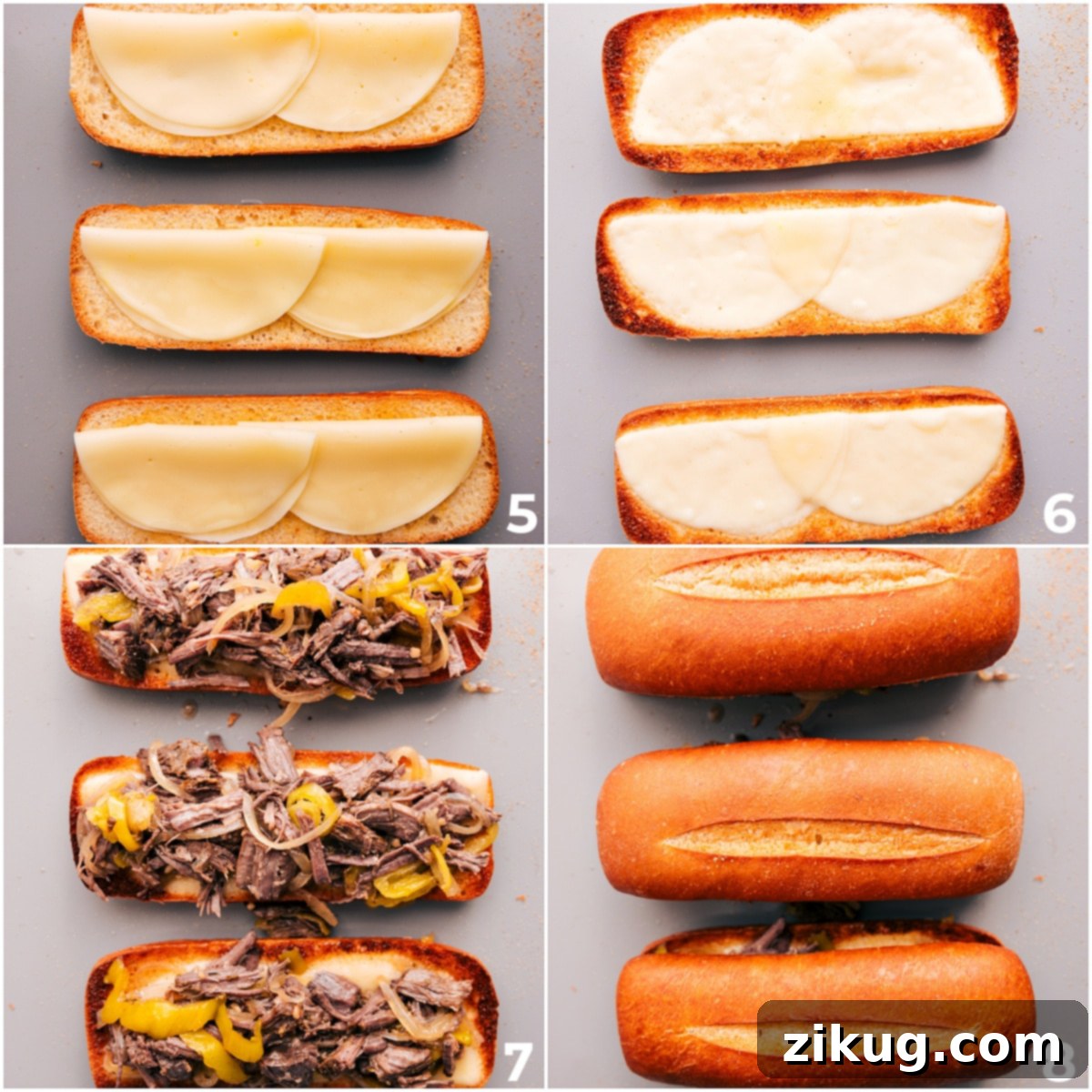 Classic Chicago Italian Beef Sandwich 3 Hoagie buns toasted with provolone cheese, ready for the succulent Italian beef.