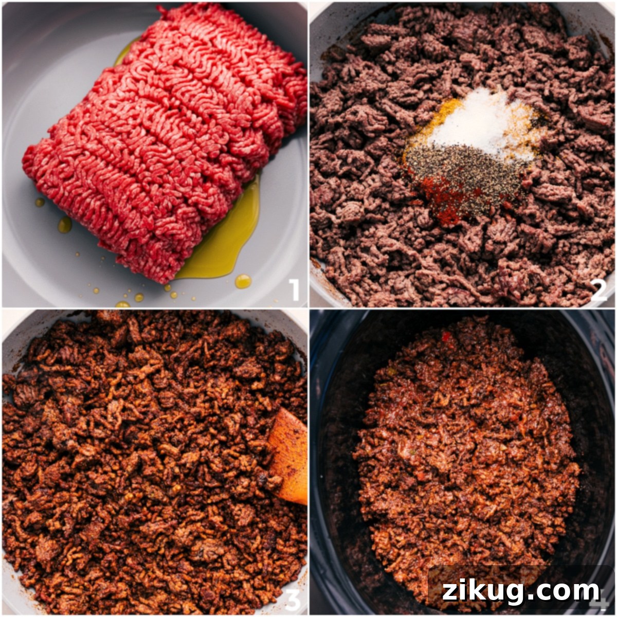 How To Make Crockpot Taco Meat The cooking process of Crockpot Taco Meat: ground beef browning in a pan, then seasonings being added, and finally, everything transferred into a slow cooker.