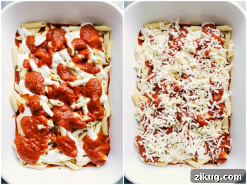 Combining Pasta with Red and White Sauces and Topping with Mozzarella Cheese Pasta with red and white sauces being added, topped off with a generous sprinkle of mozzarella cheese.