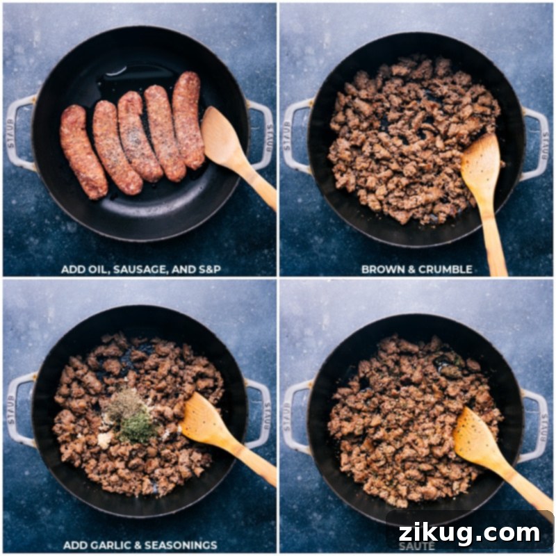 Step-by-step images showing Italian sausage browning in a pan, followed by the addition of garlic and Italian seasonings, infusing the dish with savory aromas.